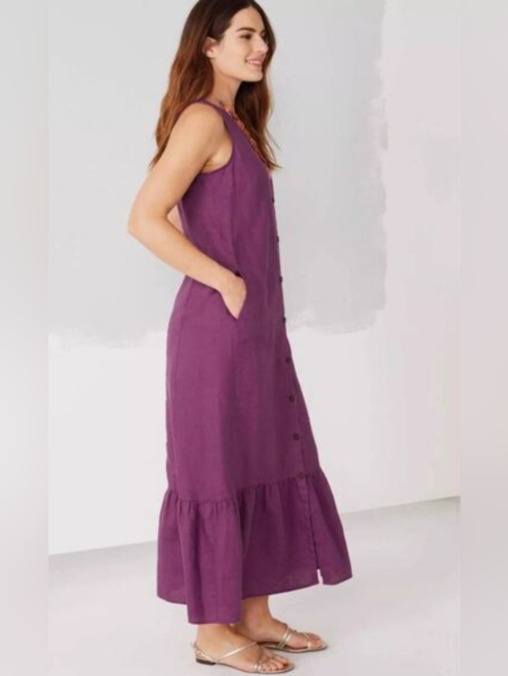 J. Jill Love 100% Linen Tiered Midi Dress S V Neck Button Down Mulberry - Picture 3 of 7